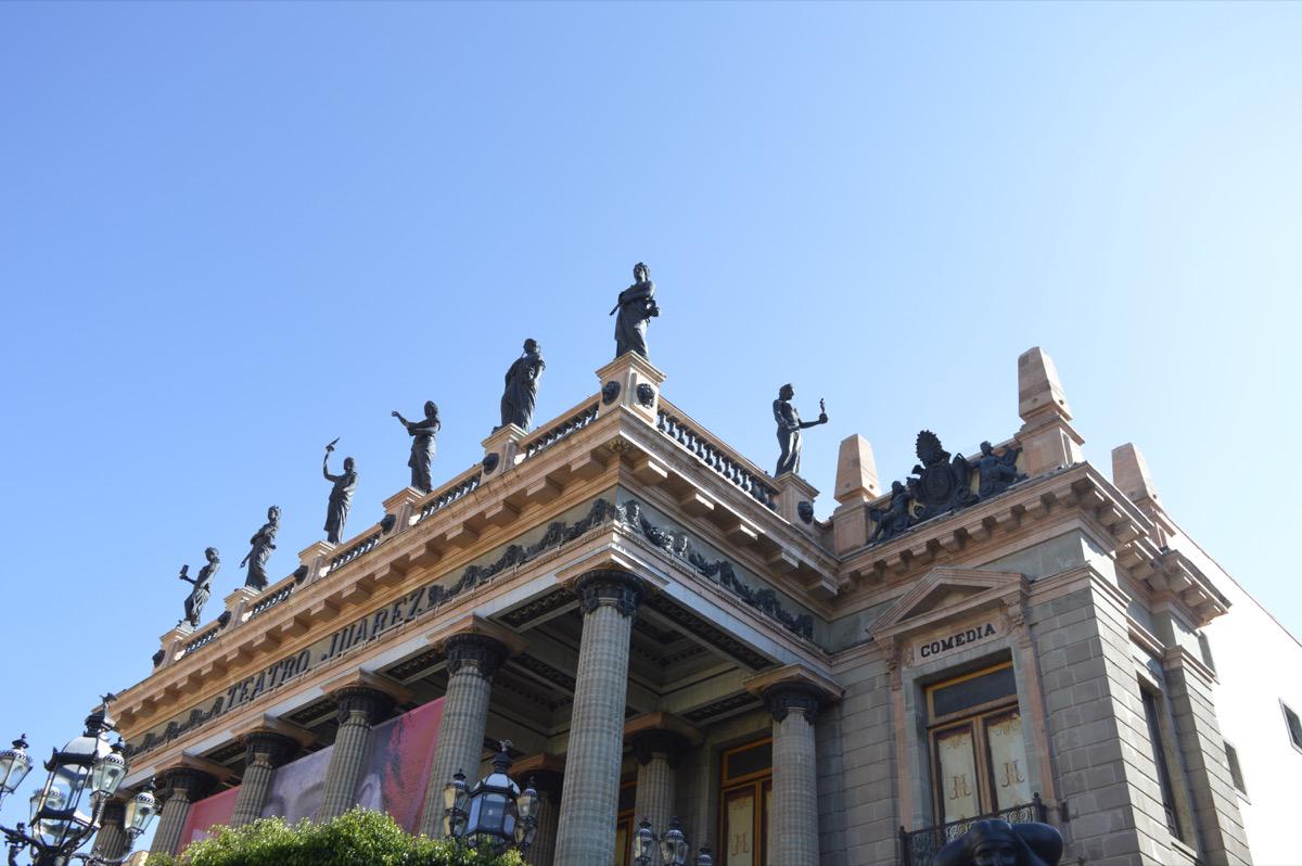 Muses of Greek mythology on the façade of the Juárez Theater.