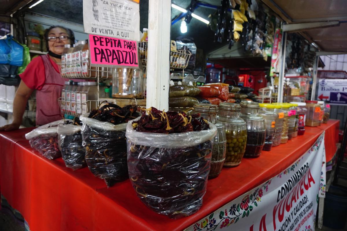 Chilies, spices, and recados at San Benito Market.